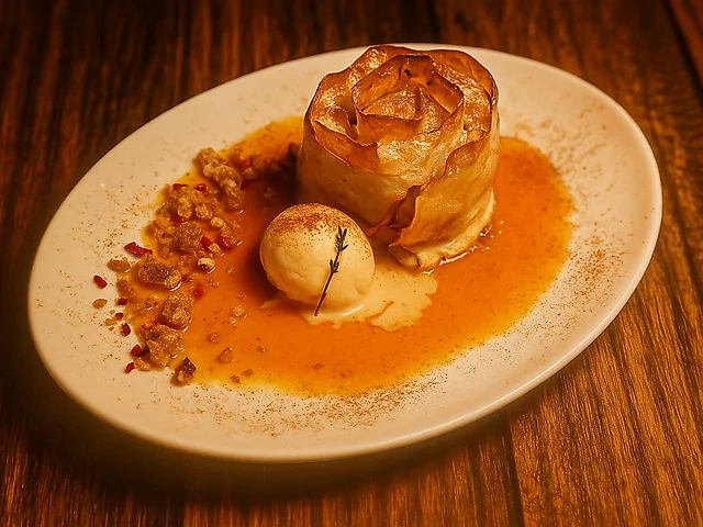 ЗАВИВАНЕЦЬ з гарбузом, обліпиховою глазур'ю  та морозивом з янтарного пива