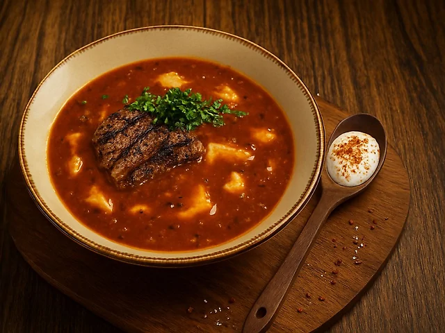 Фірмовий густий Паприкаш з томленими реберцями , кльоцками та копченою сметаною