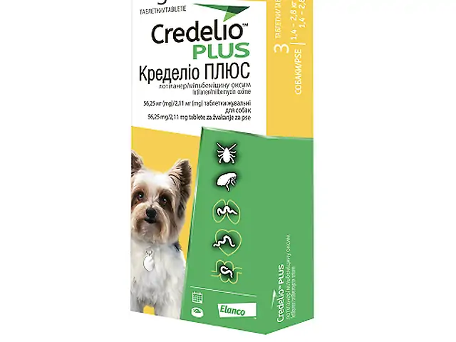 Жувальні таблетки від бліх, кліщів та гельмінтів Credelio Plus для собак 1,4 -2,8кг