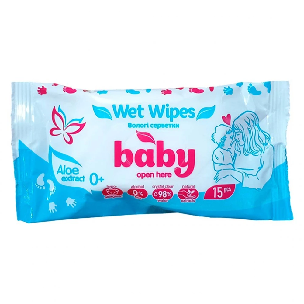 Вологі серветки Aloe Baby Wet Wipes, 15 шт/уп.