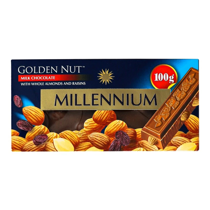 Шоколад молочний з цілим мигдалем та родзинками Golden Nut Millennium, 100 г