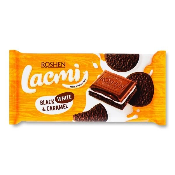 Шоколад молочний з печивом Black, White&amp;Caramel Lacmi Roshen, 100 г