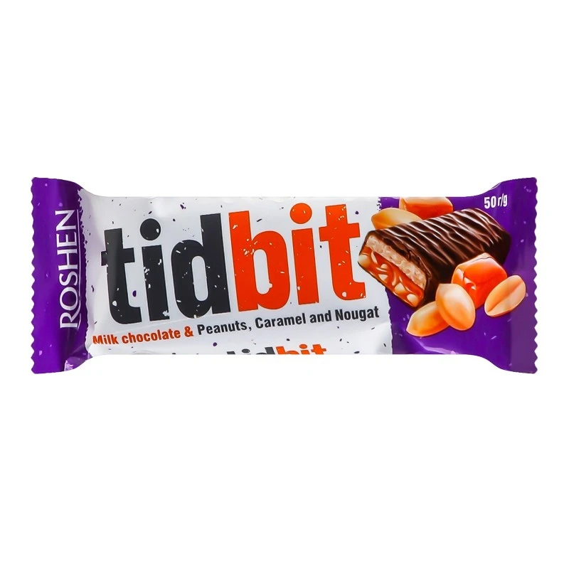 Шоколад молочний з нугою та м&#039;якою карамеллю з арахісом Tidbit Roshen, 50 г