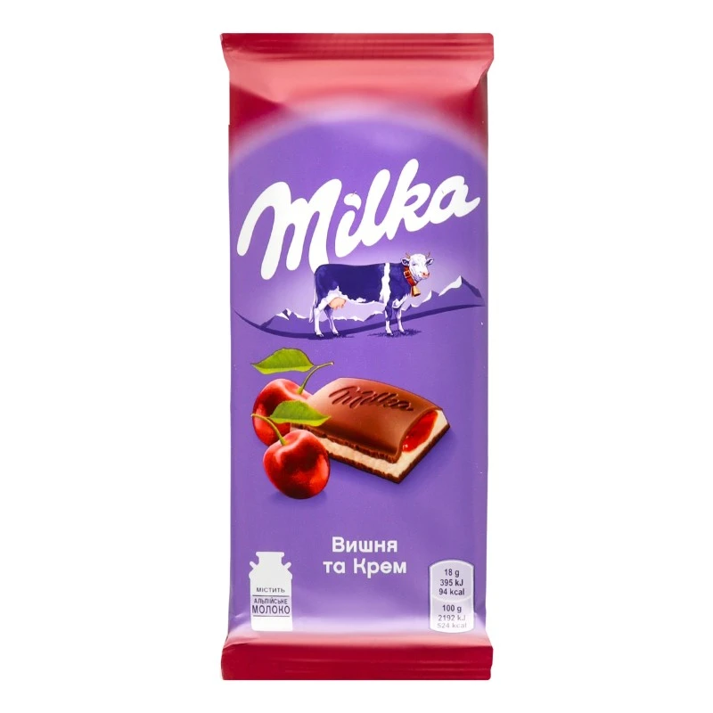 Шоколад молочний з вишнею Milka, 90 г