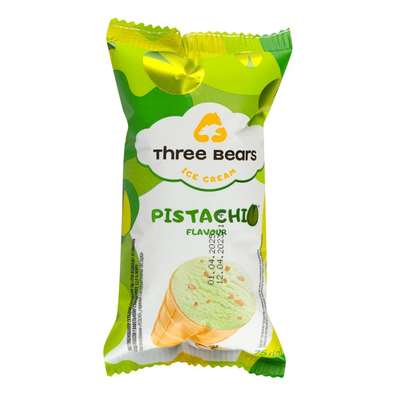 Морозиво 12% у вафельному стаканчику Pistachio Три Ведмеді, 75 г