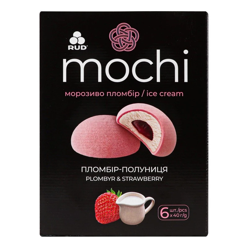 Морозиво Пломбір-полуниця десерт-морозиво Mochi Рудь, мультипак 240г