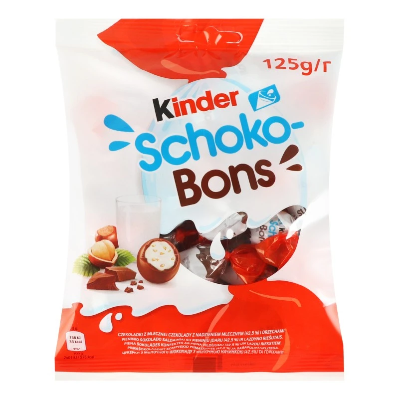 Цукерки з молочного шоколаду з молочною начинкою та горіхами Schoko-Bons Kinder, 125 г