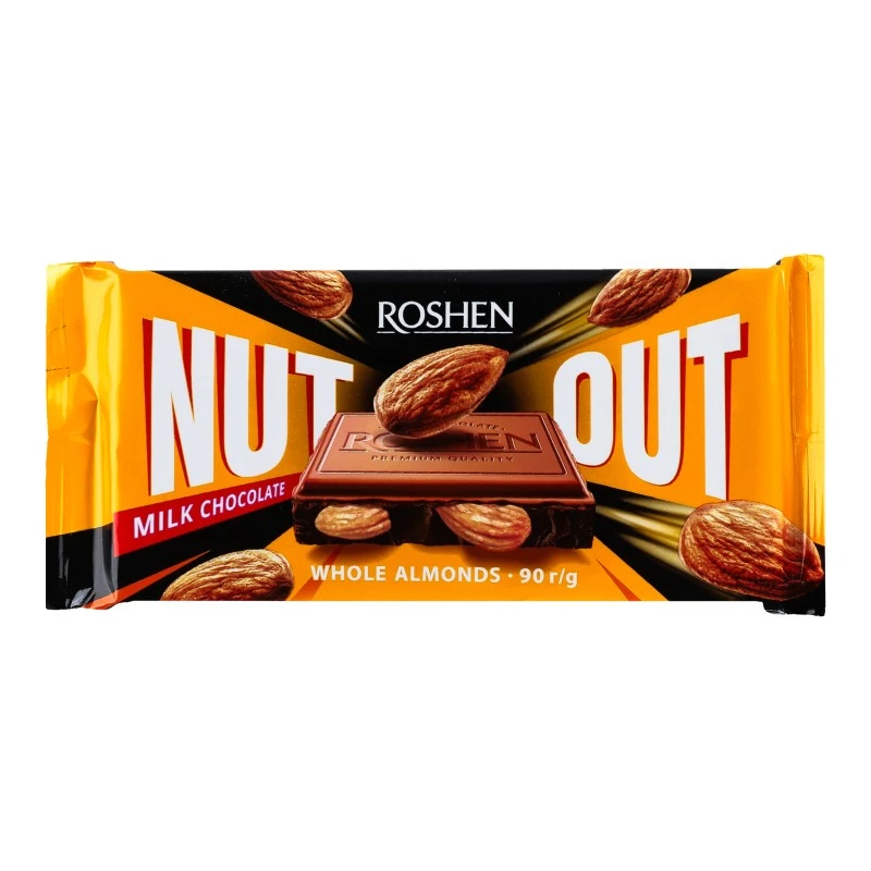 Шоколад молочний з цілим мигдалем Nut Out Roshen, 90 г