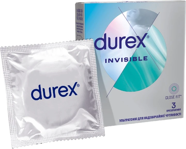 Презервативи латексні з силіконовим змазкою Invisible Durex, 3 шт/уп.