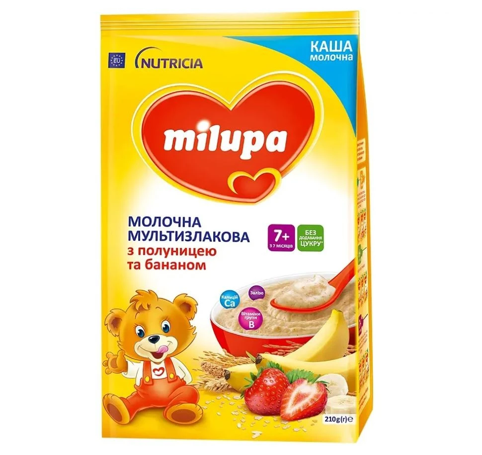 Каша молочна для дітей від 7міс з полуницею та бананом Мультизлакова Milupa м/у 210г