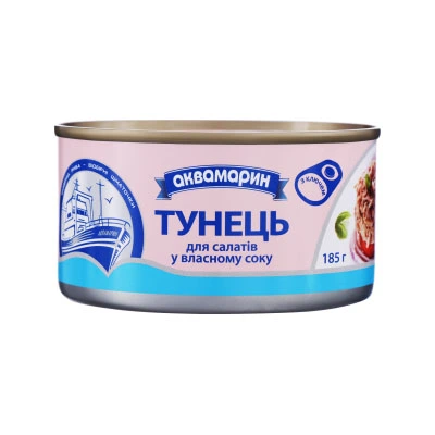 Консервований тунець шматочками у власному соку Аквамарин, 185 г