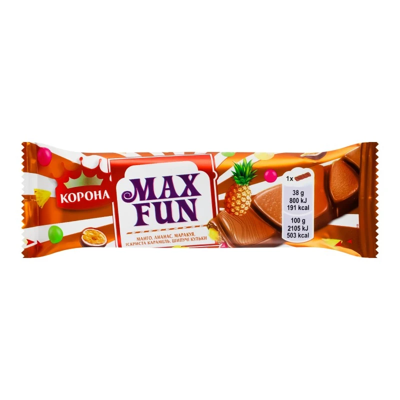 Шоколад молочний Максфан зі шматочками манго, ананаса, маракуї Корона, 38 г