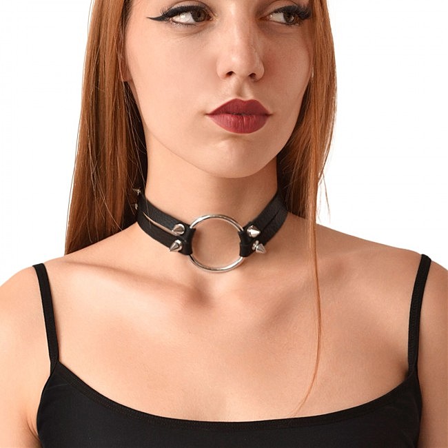 Чокер кільце з шипами з натуральної шкіри Art of Sex  Ruby, чорний
