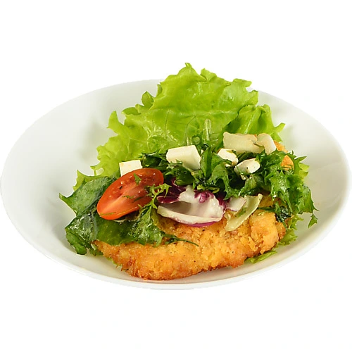 Курячий шніцель з руколой сиром і томатами