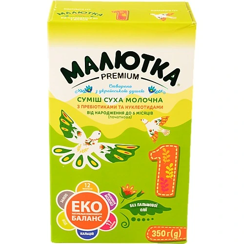 Суміш молочна для дітей 0-6міс суха з пребіотиками та нуклеотидами 1 Малютка Premium к/у 350г