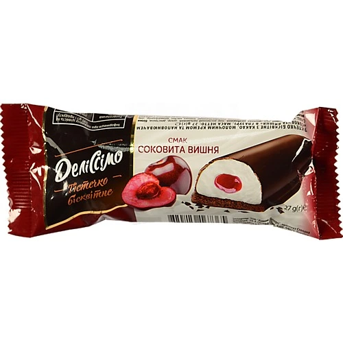 Тістечко бісквітне з какао молочним кремом та наповнювачем в глазурі Соковита вишня Деліссімо м/у 27г
