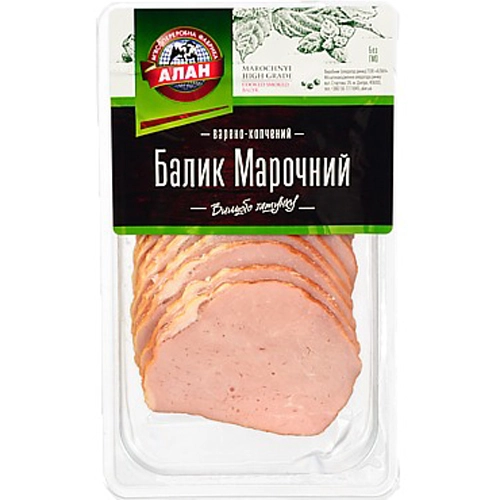 Балик Марочний ТМ Алан, нарізка копчено-варений, вищий ґатунок, вакуумна упаковка