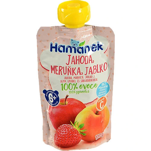 Пюре для дітей від 6міс з яблук полуниць та абрикосів з вітаміном С Hamanek д/п 100г