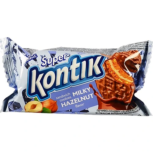 Печиво-сендвіч Super Kontik з молочною начинкою та смаком фундука 90г