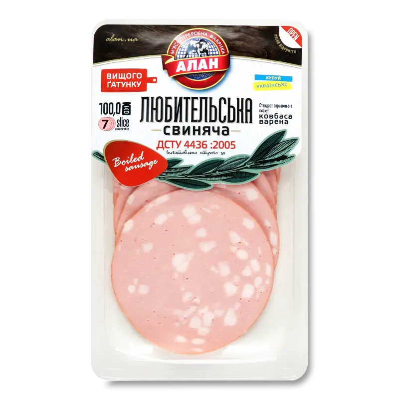 Ковбаса варена свиняча Любительська Алан лоток 100г