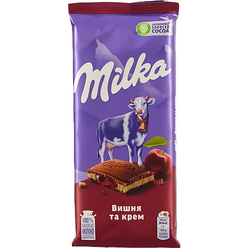 Шоколад Мілка 90г молочний вишнева начинка