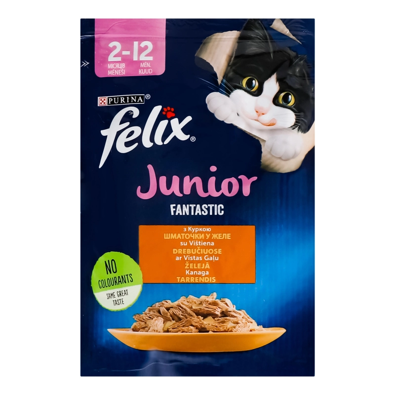 Корм консервований повнораціонний для кошенят з куркою в желе Junior Fantastic Felix м/у 85г