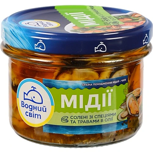 Мідії солені зі спеціями та травами в олії Водний світ с/б 170г