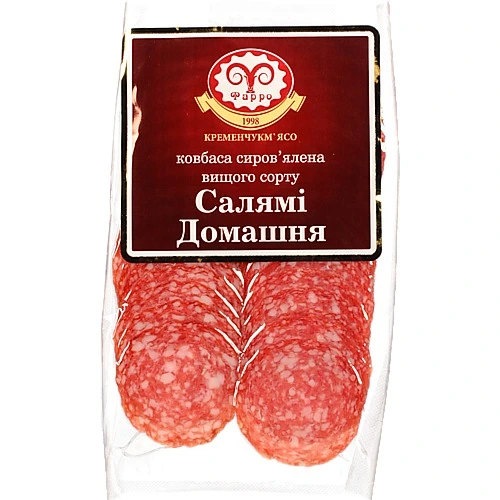 Ковбаса [Салямі Домашняk Фарро, сировялена, нарізна, вищий ґатунок, 80 г, вакуумна упаковка