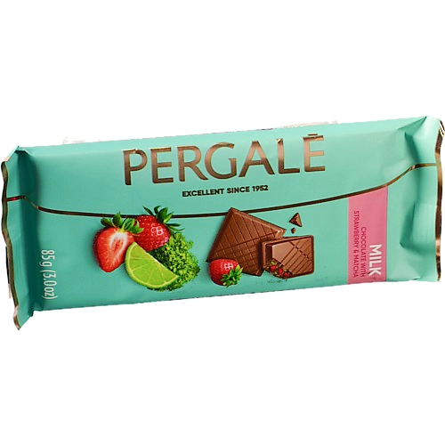 Шоколад Pergale 85гр молочний з полуницею та лаймом матча