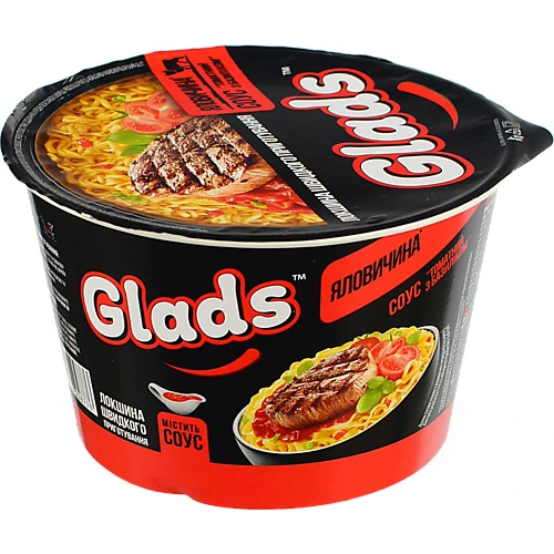 Локшина Glads 85г яловичина та соус томат з базилiк чаша