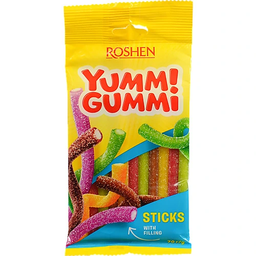 Цукерки Roshen 70г yummi gummi sour sticks желейні