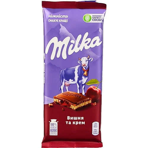 Шоколад молочний Вишня та Крем Milka м/у 90г