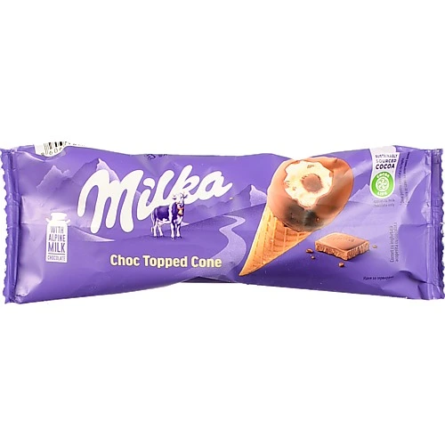Морозиво ванільне зі шматочками молочного шоколаду і соусом з молочного шоколаду у вафельному ріжку Milka м/у 69г
