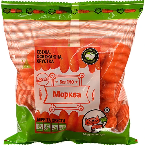 Морква [Моркішкаk свіжа мита, очищена у вигляді паличок, фасована, ТМ Полтава-Сад, 420 г