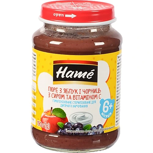 Пюре для дітей від 6міс Яблуко та чорниця з сиром Hame с/б 190г