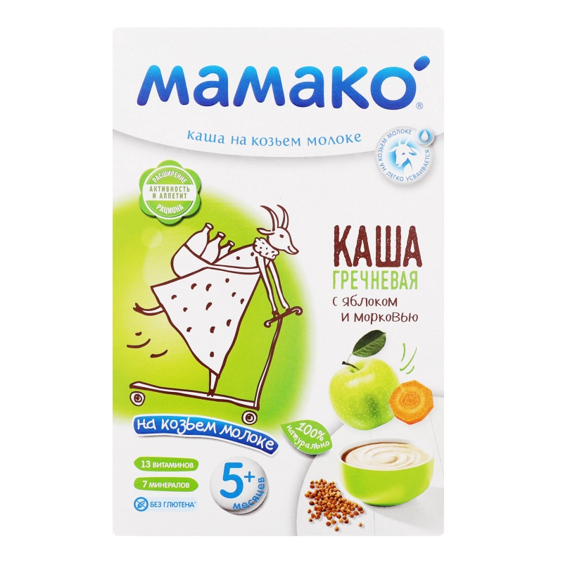 Каша гречана на козячому молоці для дітей від 5міс з яблуком і морквою Мамако к/у 200г