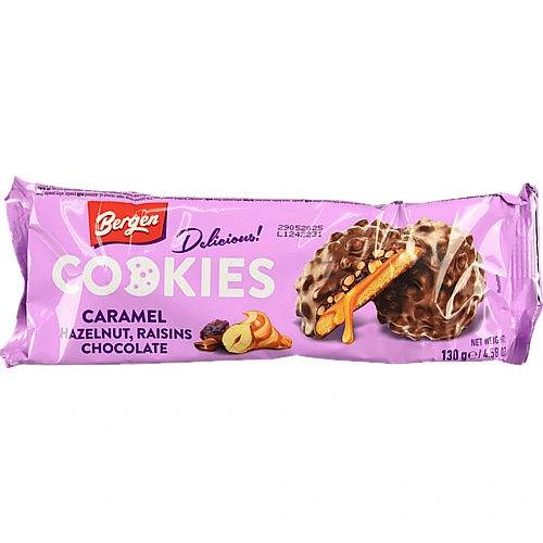 Печиво Bergen Cookies 130г Карамель, Фундук, Родзинки та Шоколад