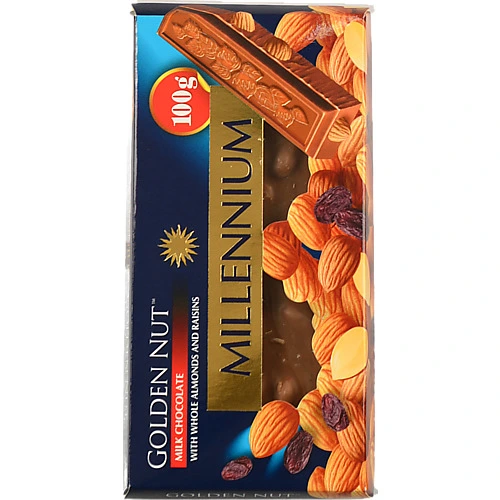Шоколад Millennium Gold молочний з цілим мигдалем та родзинками 100г