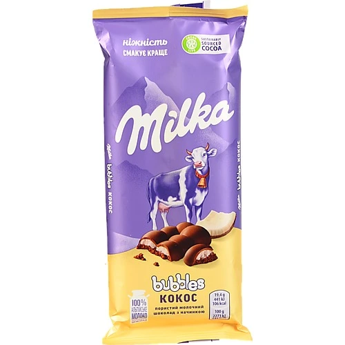 Шоколад молочний пористий Кокос Bubbles Milka м/у 97г