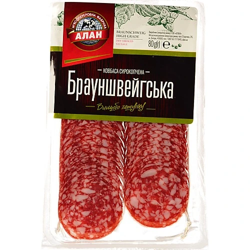 Ковбаса Алан [Брауншвейгськаk сирокопчена, вищий ґатунок, нарізка 80 г