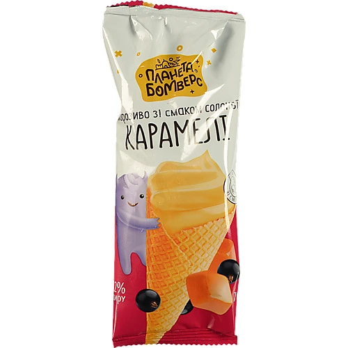 Морозиво Планета Бомверс 70г ріжок карамель