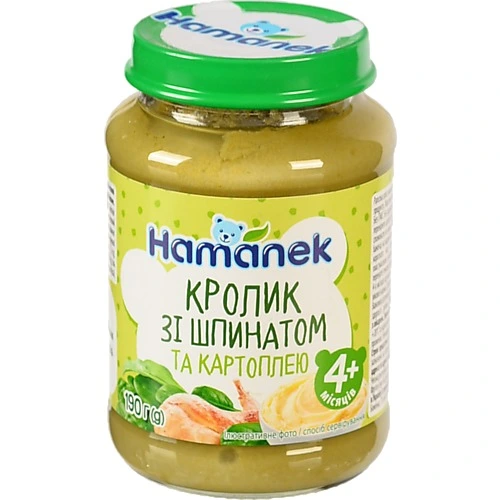 Пюре для дітей від 4міс Кролик зі шпинатом та картоплею Hamanek с/б 190г