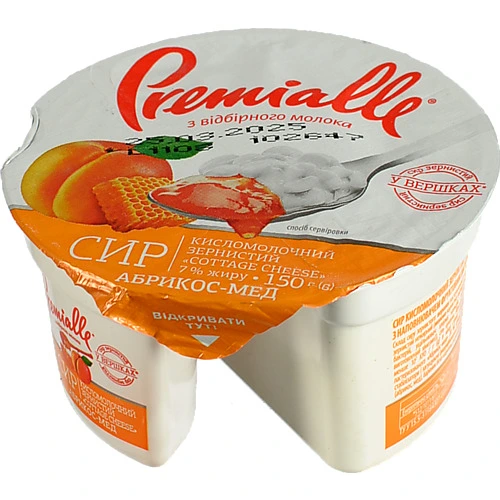 Сир Premialle 150г 7% зернистий абрикос мед ст.