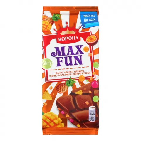 Шок Корона Max Fun 150 г мол. з шматоч. манго/ананаса/маракуї та вибух. карам.