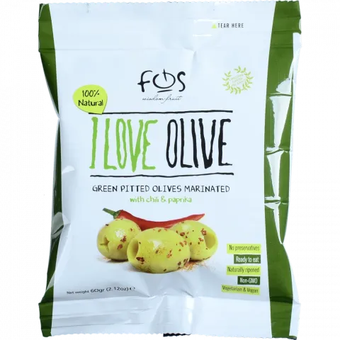 Оливки FOS 60 г марин. з чилі та паприкою (Греція)